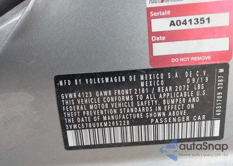 2019 Volkswagen Jetta 1.4T R-Line/1.4T S/1.4T Se z USA, uszkodzony, nr VIN 3VWC57BU9KM265228